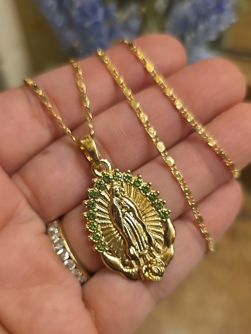 Gold Virgin Mary Necklace Green